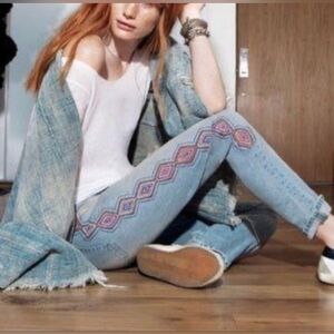 Free People + Sandrine Rose Embroidered Upcycled Original Denim Cropped Jeans